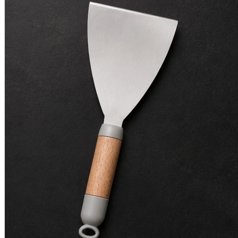 Premium Stainless Steel Solid Griddle Scraper | Heavy-Duty Burger & Pancake Turner Spatula | Professional Flat-Top Grill Metal Scraper with Ergonomic Natural Wood & Silicone Handle - Image 1