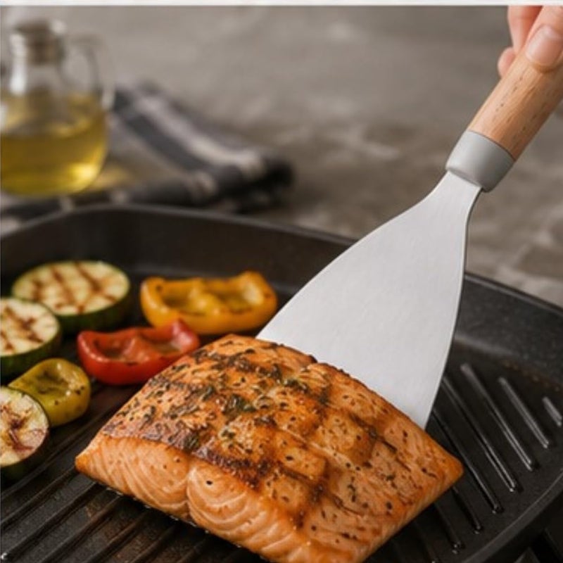 Premium Stainless Steel Solid Griddle Scraper | Heavy-Duty Burger & Pancake Turner Spatula | Professional Flat-Top Grill Metal Scraper with Ergonomic Natural Wood & Silicone Handle - Image 3