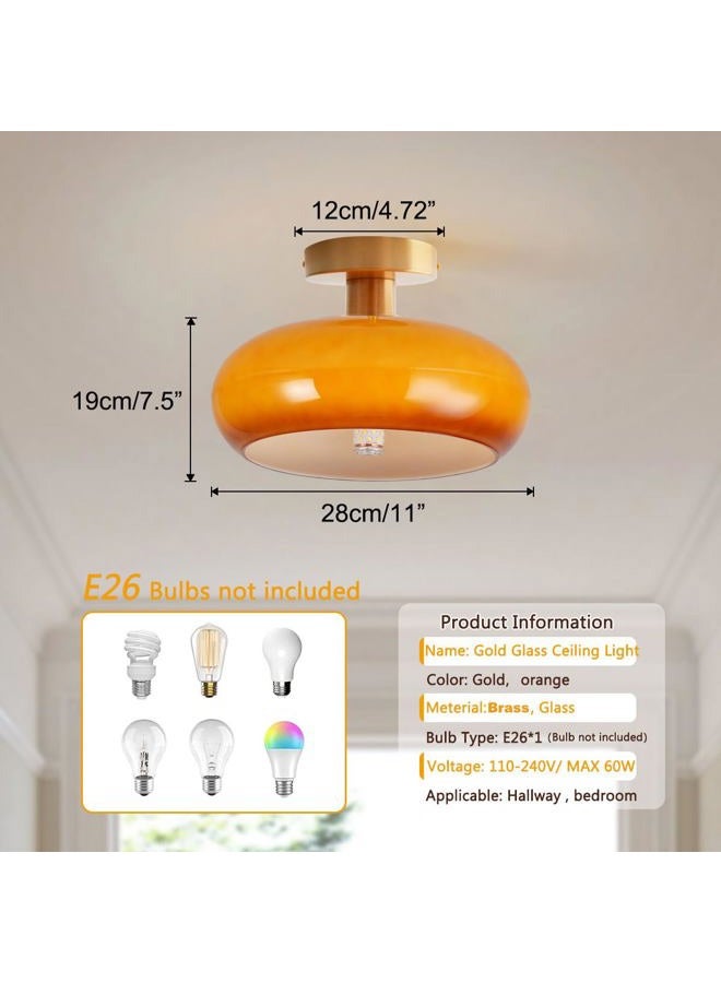 Qufute Glass Flush Mount Ceiling Light Gold Brass Modern Close to Ceiling Light Fixtures with Orange Dome Glass Shade 11" Indoor Ceiling Lamp for Hallway Bedroom Dining Room Kitchen - Image 2