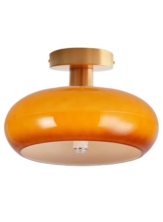 Qufute Glass Flush Mount Ceiling Light Gold Brass Modern Close to Ceiling Light Fixtures with Orange Dome Glass Shade 11" Indoor Ceiling Lamp for Hallway Bedroom Dining Room Kitchen - Image 1