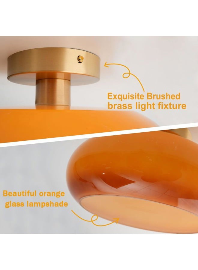 Qufute Glass Flush Mount Ceiling Light Gold Brass Modern Close to Ceiling Light Fixtures with Orange Dome Glass Shade 11" Indoor Ceiling Lamp for Hallway Bedroom Dining Room Kitchen - Image 3