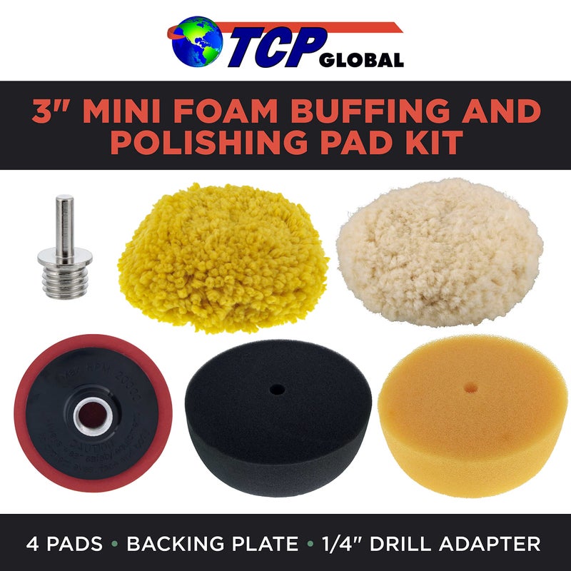 TCP Global TCP Global Brand 3" Mini Buffing and Polishing Pad Kit with 4 Pads, Backing Plate, and 1/4" Drill Adapter  - Image 2