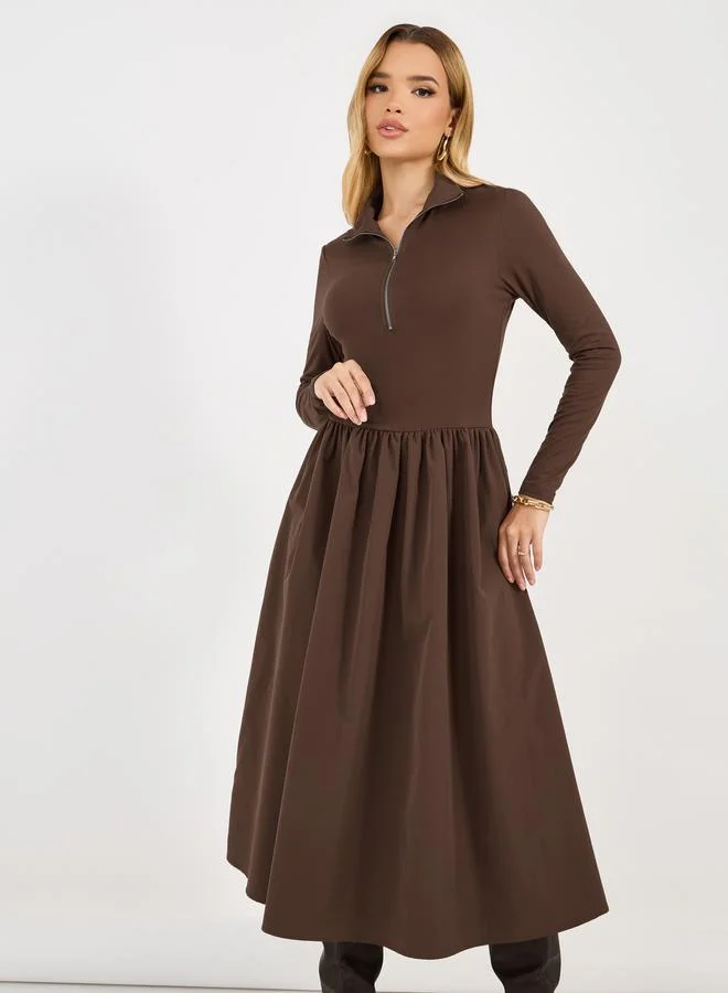 ستايلي فستان ميدي بحافة واسعة ونصف سحَّاب غلق