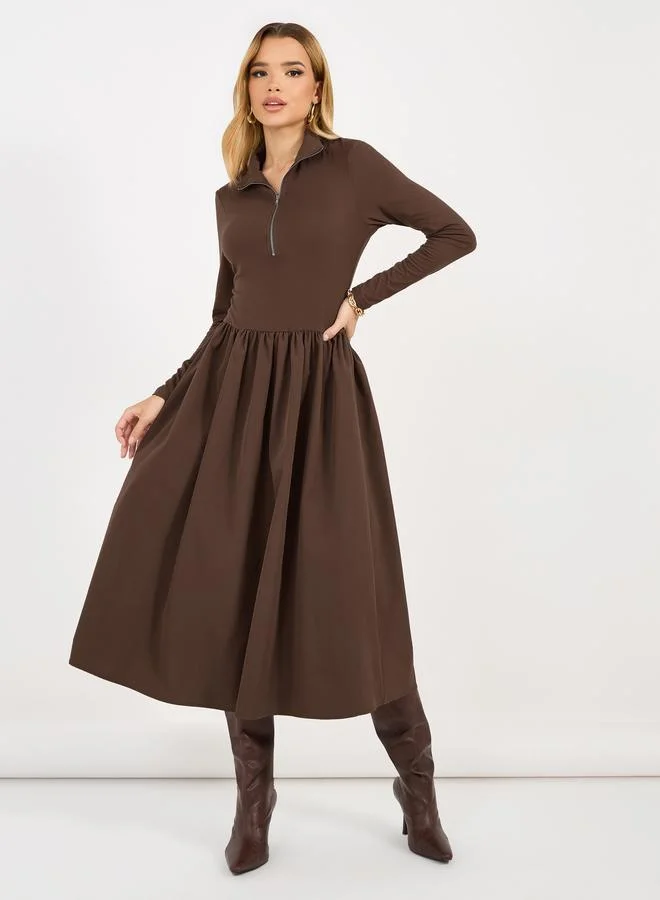 ستايلي فستان ميدي بحافة واسعة ونصف سحَّاب غلق