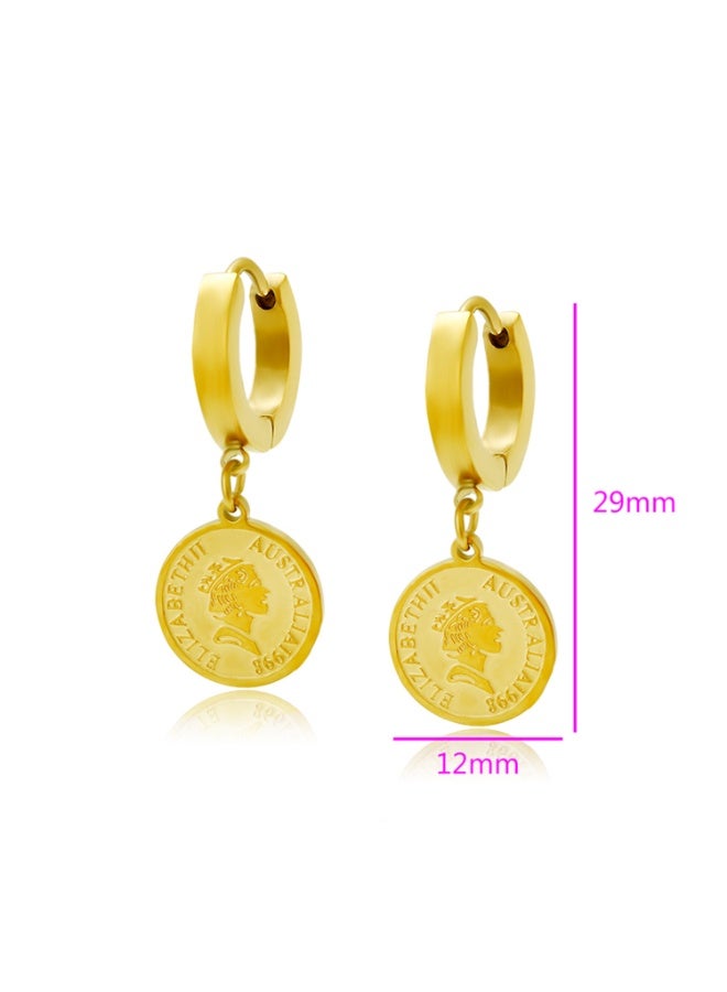 Julia Store 18K Gold Plated Stainless Steel Cute Dangle Trendy Queen Elizabeth Coin Charm Huggie Hoop Hypoallergenic Water-Resistant Tarnish-Free Earrings for Women Jewelry Gift - Image 2