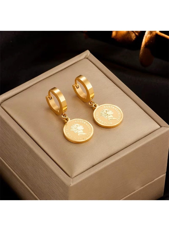 Julia Store 18K Gold Plated Stainless Steel Cute Dangle Trendy Queen Elizabeth Coin Charm Huggie Hoop Hypoallergenic Water-Resistant Tarnish-Free Earrings for Women Jewelry Gift - Image 4