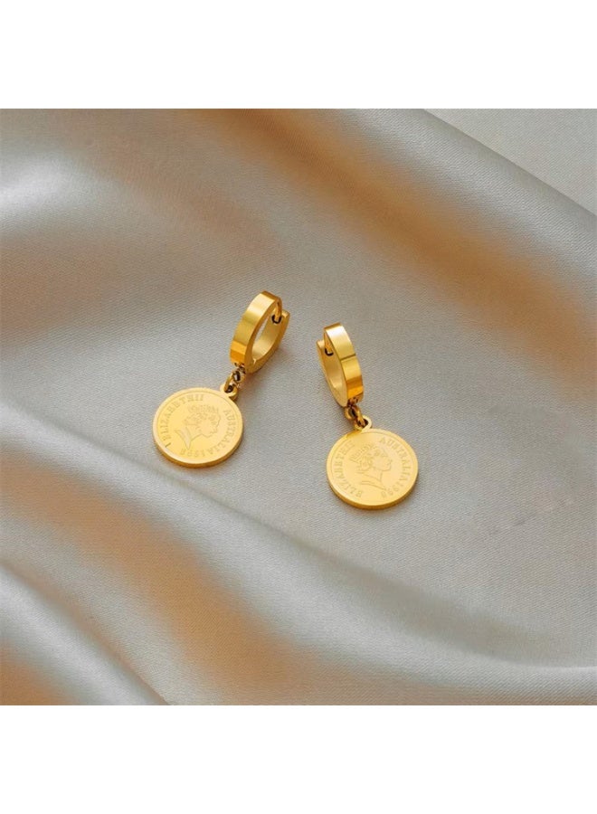 Julia Store 18K Gold Plated Stainless Steel Cute Dangle Trendy Queen Elizabeth Coin Charm Huggie Hoop Hypoallergenic Water-Resistant Tarnish-Free Earrings for Women Jewelry Gift - Image 5