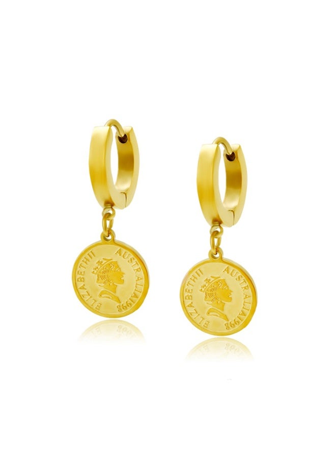 Julia Store 18K Gold Plated Stainless Steel Cute Dangle Trendy Queen Elizabeth Coin Charm Huggie Hoop Hypoallergenic Water-Resistant Tarnish-Free Earrings for Women Jewelry Gift - Image 1