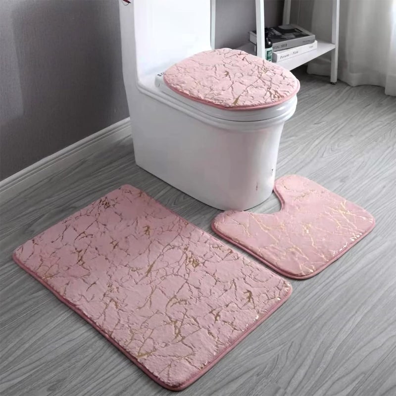 Eanpet Marble Bathroom Rugs and Mats Set 3 Piece Nonslip Pink Bathroom Mats Soft Washable Bath Mat for Bathroom Floor Mats Carpet Water Absorbent Shower Rug with U-Shaped Contour Rug Toilet Lid Cover - Image 1