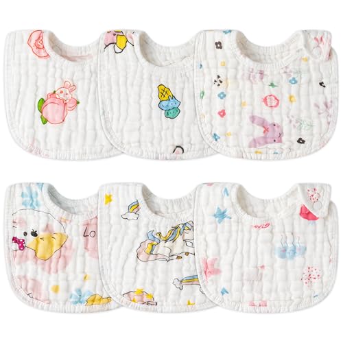 Zainpe 6Pcs Snap Muslin Cotton Baby Bibs Star Cat Rabbit Pattern Adjustable Feeding Bib Machine Washable Unisex Burp Cloths with 6 Absorbent & Soft Layers for Infant Toddler Newborn Eating Drooling - Image 1