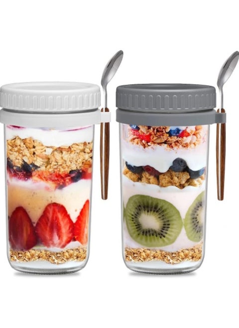 2Pcs Overnight Oats Jars with Lid and Spoon Airtight Oatmeal Container with Measurement Marks 600ml