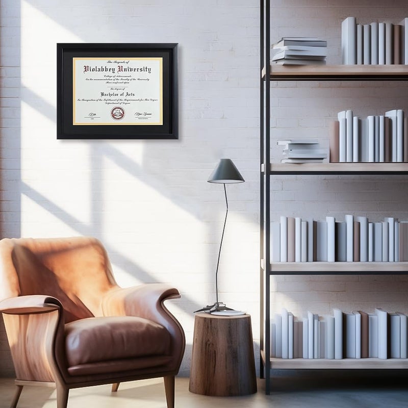 VIOLABBEY 11x14 Diploma Frame Brown - 8.5 x 11 Certificate & Degree Frame with mat or 11x14 without mat. HD Real Glass. Document Frame for Wall or Tabletop Display (Black Gold Double Mat) - Image 4