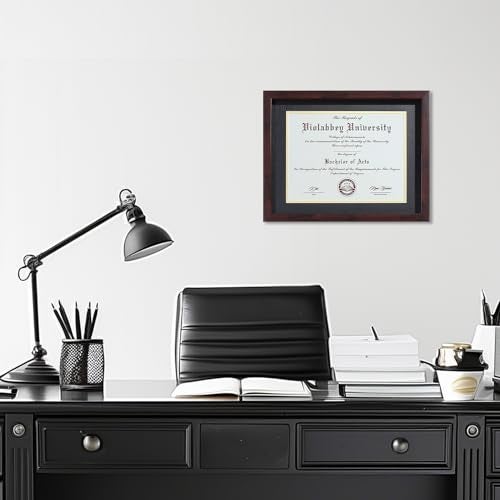 VIOLABBEY 11x14 Diploma Frame Brown - 8.5 x 11 Certificate & Degree Frame with mat or 11x14 without mat. HD Real Glass. Document Frame for Wall or Tabletop Display (Black Gold Double Mat) - Image 5