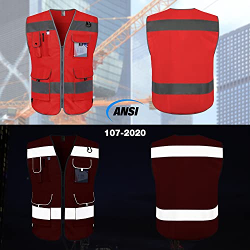 TCCFCCT Safety Vest for Men Women 9 Pockets High Visibility Reflective Vest for Safety, Work Vest with Reflective Strips, Meets ANSI/ISEA Standards, (Red, X-Large) - Image 2