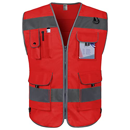TCCFCCT Safety Vest for Men Women 9 Pockets High Visibility Reflective Vest for Safety, Work Vest with Reflective Strips, Meets ANSI/ISEA Standards, (Red, X-Large) - Image 5