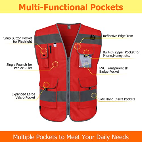 TCCFCCT Safety Vest for Men Women 9 Pockets High Visibility Reflective Vest for Safety, Work Vest with Reflective Strips, Meets ANSI/ISEA Standards, (Red, X-Large) - Image 3