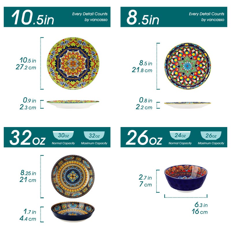 vancasso 16 Pieces Plates and Bowls Set, Bohemian Style Dinnerware Sets Service for 4, Porcelain Boho Dishes Set for Kitchen, Housewaring Gift, Dishwasher and Microwave Safe, Series KRVI - Image 2