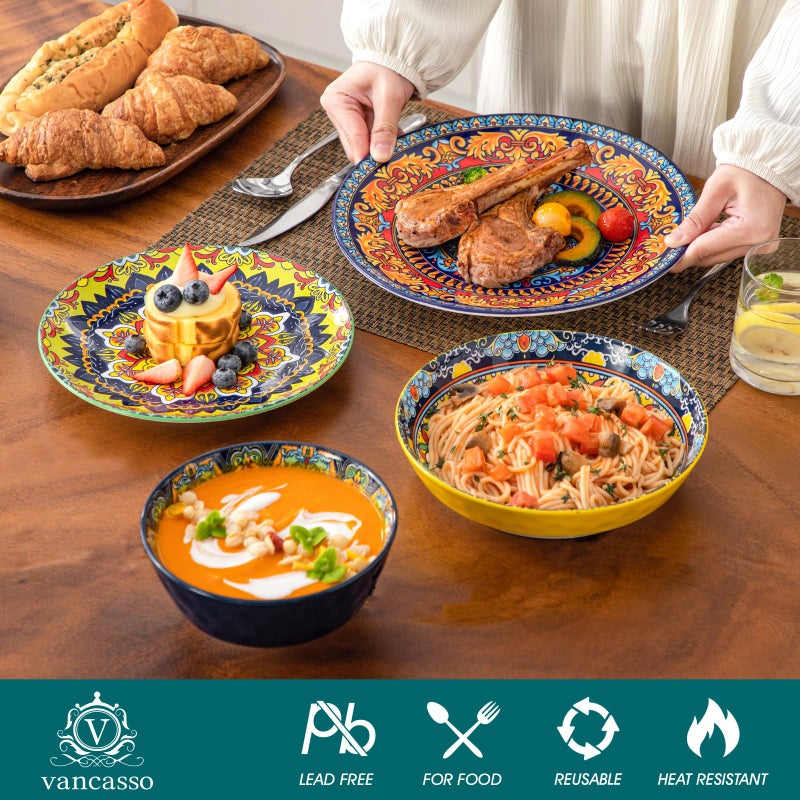 vancasso 16 Pieces Plates and Bowls Set, Bohemian Style Dinnerware Sets Service for 4, Porcelain Boho Dishes Set for Kitchen, Housewaring Gift, Dishwasher and Microwave Safe, Series KRVI - Image 3