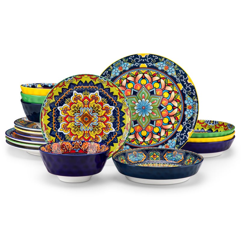 vancasso 16 Pieces Plates and Bowls Set, Bohemian Style Dinnerware Sets Service for 4, Porcelain Boho Dishes Set for Kitchen, Housewaring Gift, Dishwasher and Microwave Safe, Series KRVI - Image 1