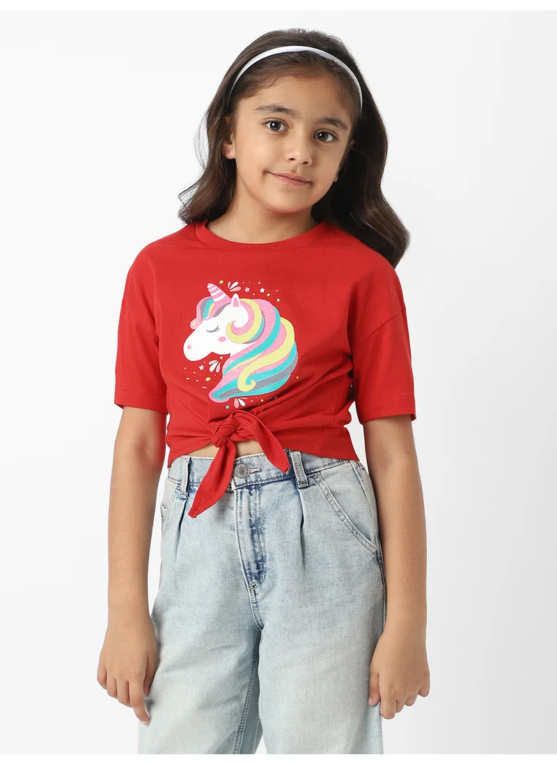 Nautinati Nautinati Girls' Cotton Unicorn Printed Cropped T-shirt