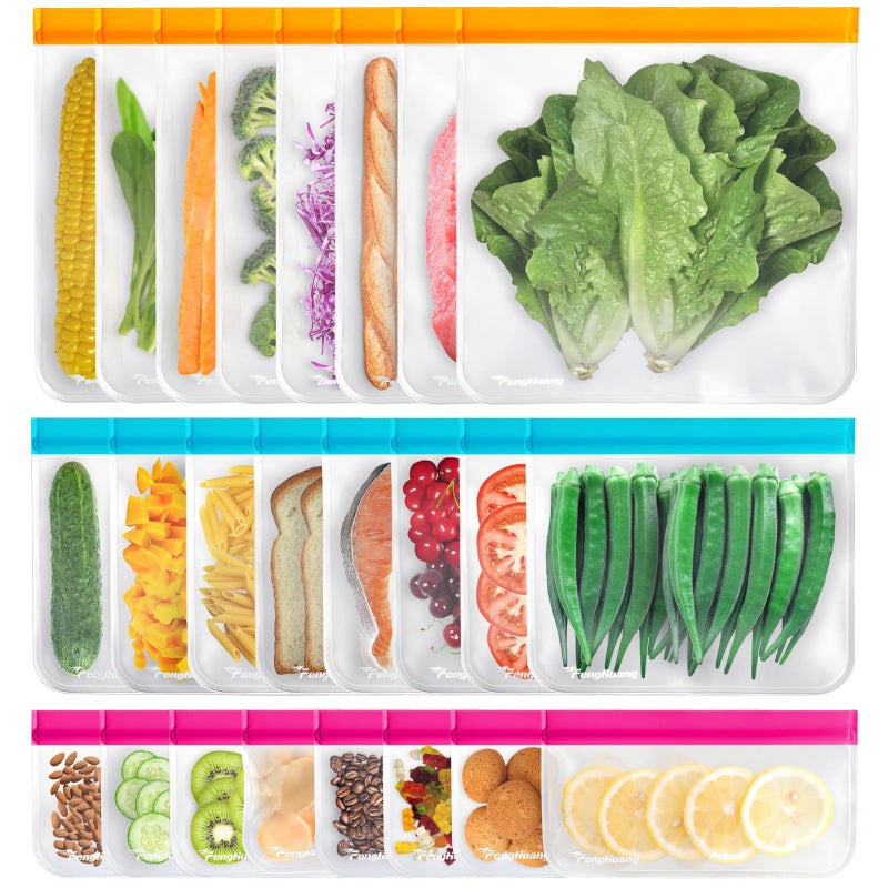 Fenghuang 24 Reusable Food Storage Bags Freezer Bags with Pack BPA FREE 8 Reusable Gallon Bags8 Leakproof Reusable Sandwich Bags8 Food Grade Snack Bags EXTRA THICK Reusbale Lunch Bag for Salad Fruit