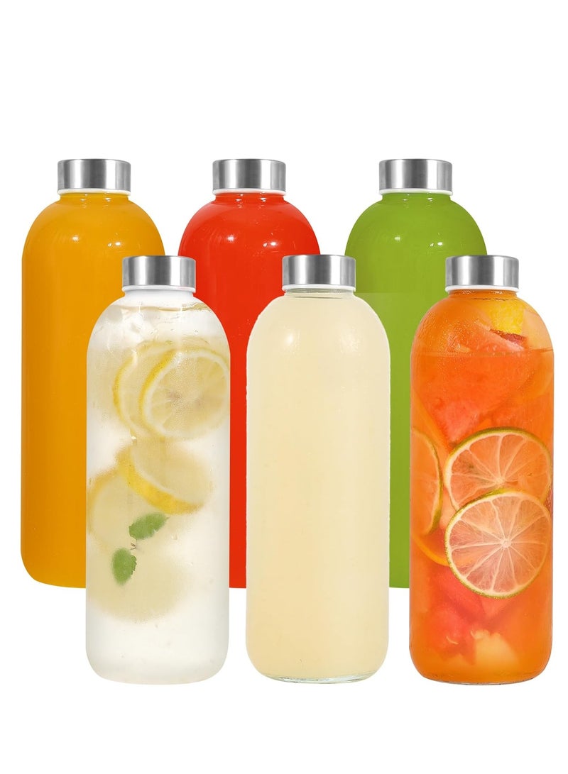 Home zone Glass Bottles with Lids, 6 Pack 1000ML Glass Bottles with Stainless Steel Lids, Glass Water Bottles with Lids Leak Proof Reusable Glass Drinking Bottles for Hot Cold Drinks Work Gym Home - Image 1