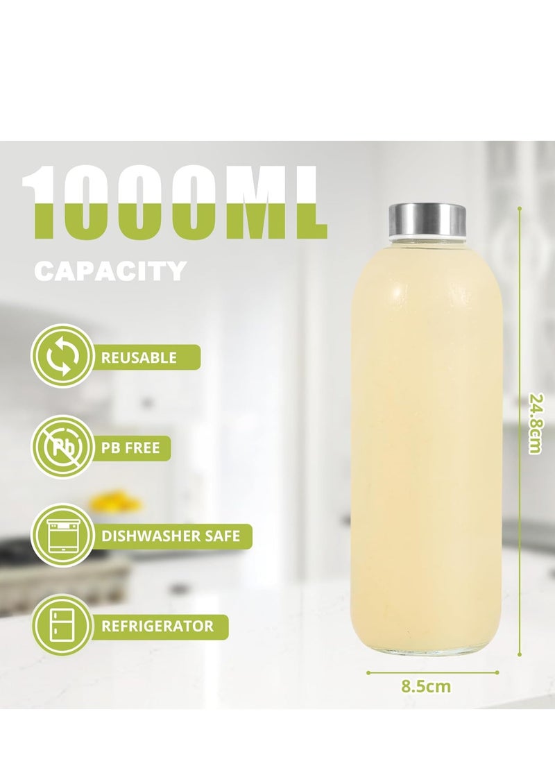 Home zone Glass Bottles with Lids, 6 Pack 1000ML Glass Bottles with Stainless Steel Lids, Glass Water Bottles with Lids Leak Proof Reusable Glass Drinking Bottles for Hot Cold Drinks Work Gym Home - Image 3