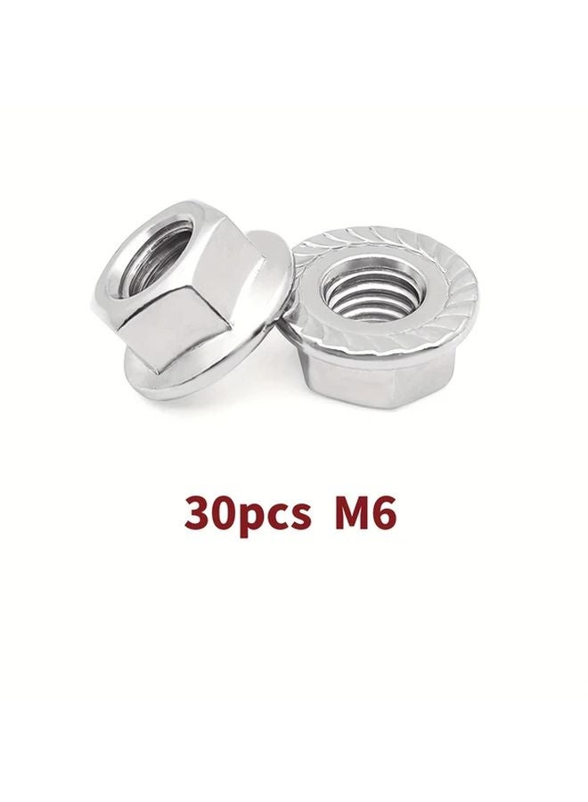 30pcs M6 Serrated Hex Flange Lock Nuts 304 Stainless Steel Plain Finish - Image 1