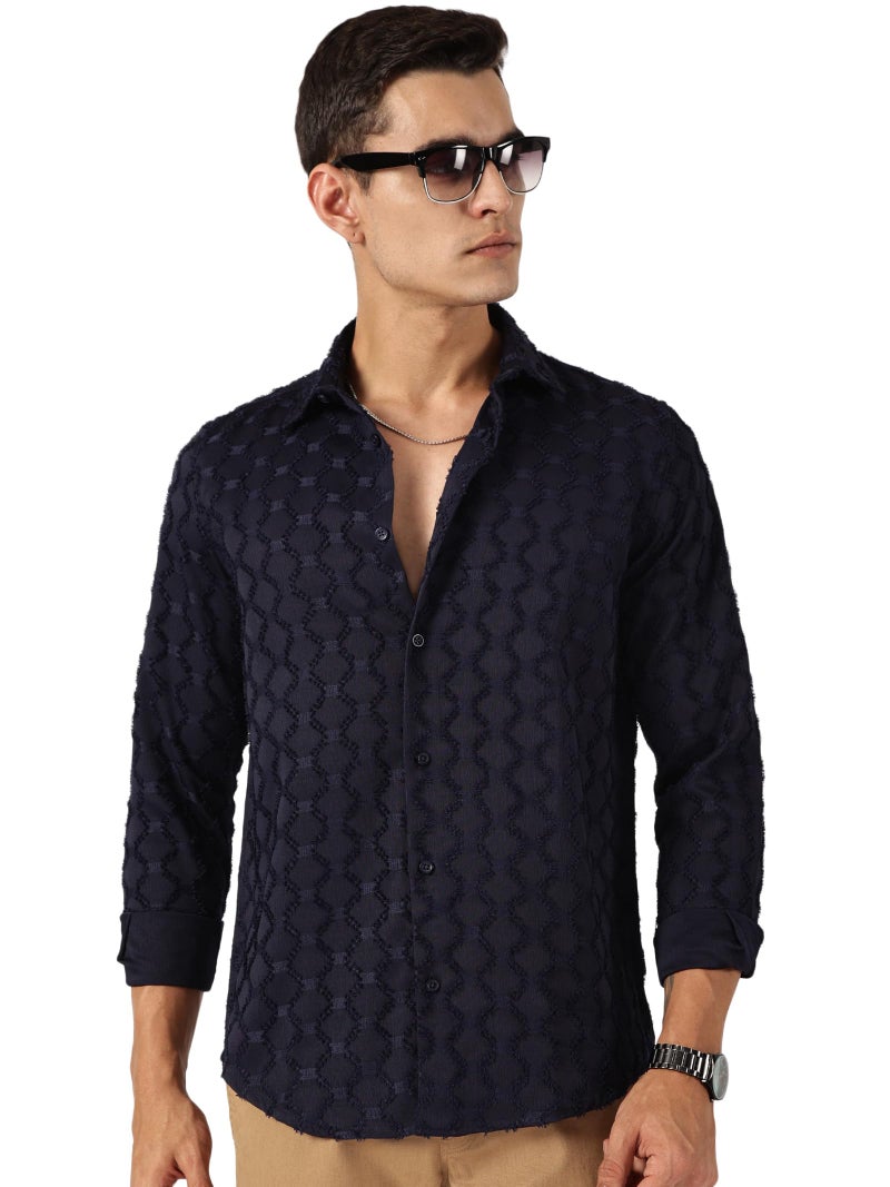 Thomas Scott Mens Slim Fit Full Sleeves Textured Polyester Blend Casual Shirt (TS1707_Navy, L) - Image 1