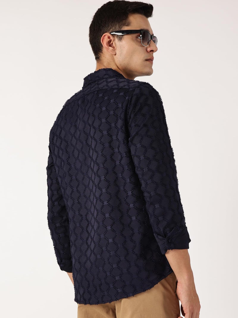 Thomas Scott Mens Slim Fit Full Sleeves Textured Polyester Blend Casual Shirt (TS1707_Navy, L) - Image 3