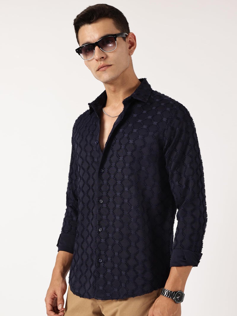 Thomas Scott Mens Slim Fit Full Sleeves Textured Polyester Blend Casual Shirt (TS1707_Navy, L) - Image 2