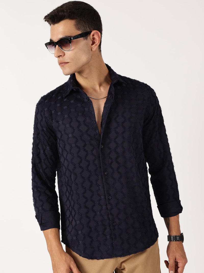 Thomas Scott Mens Slim Fit Full Sleeves Textured Polyester Blend Casual Shirt (TS1707_Navy, L) - Image 5
