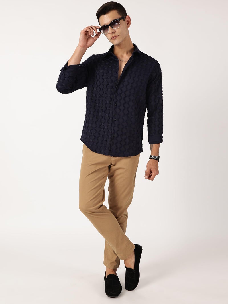 Thomas Scott Mens Slim Fit Full Sleeves Textured Polyester Blend Casual Shirt (TS1707_Navy, L) - Image 4