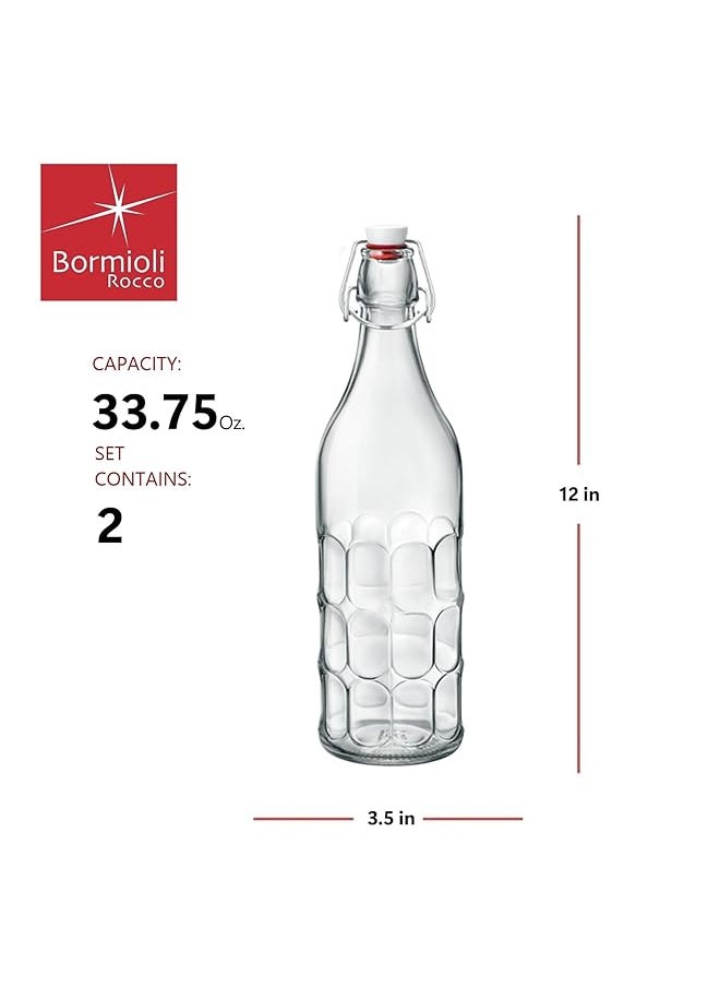 Bormioli Rocco - Set Of 2 Moresca Bottles 33.75 Oz. Clear Textured Glass With Swing Top Hermetic Lid Leak Proof Water Bottle Dishwasher Safe Made In Italy - Image 1