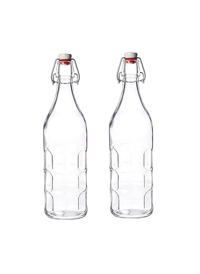 Bormioli Rocco - Set Of 2 Moresca Bottles 33.75 Oz. Clear Textured Glass With Swing Top Hermetic Lid Leak Proof Water Bottle Dishwasher Safe Made In Italy - Image 1