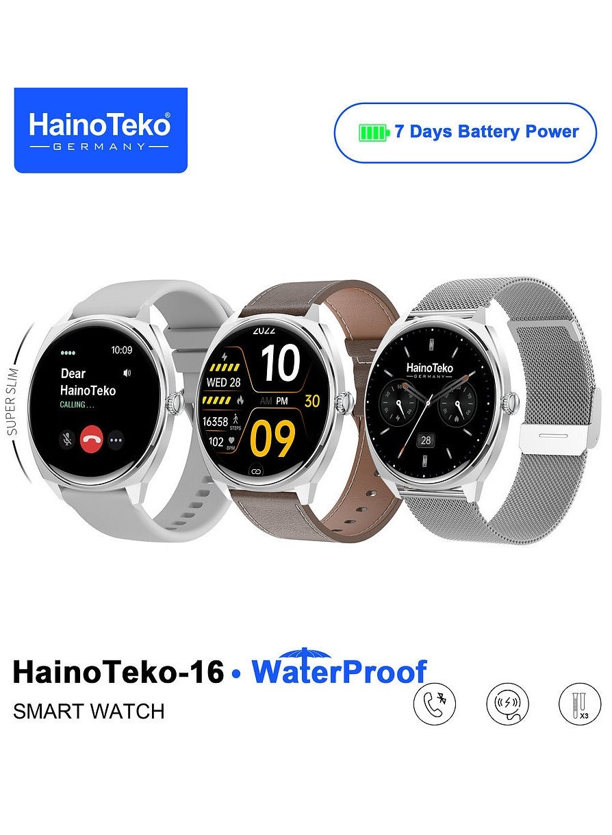 Haino Teko HainoTeko-16 Ultra Slim Waterproof Smart Watch With AMOLED Display Bluetooth Calling 3 Pair Straps and Charging Cable Designed for Ladies and Gents Silver