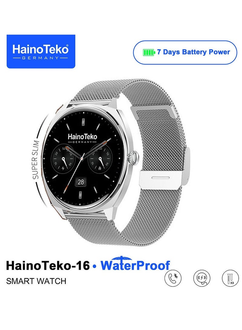 Haino Teko HainoTeko-16 Ultra Slim Waterproof Smart Watch With AMOLED Display Bluetooth Calling 3 Pair Straps and Charging Cable Designed for Ladies and Gents Silver - Image 2