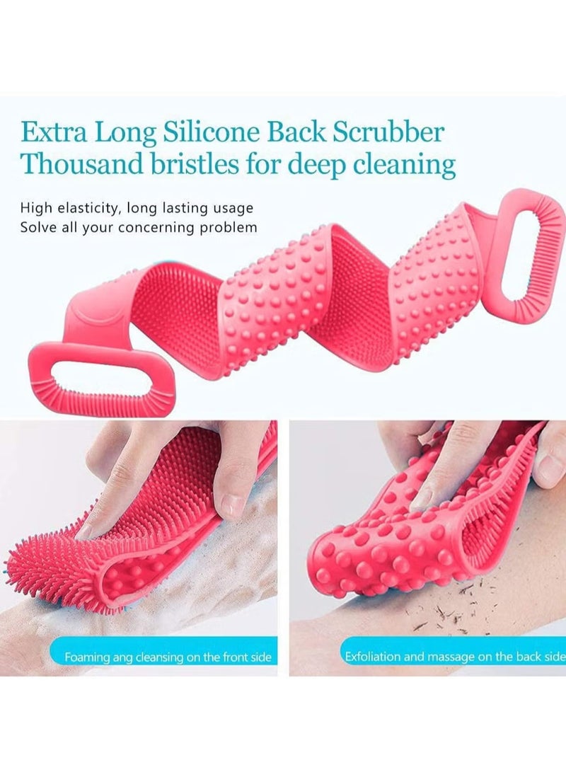 JAJEEK Silicone Body Scrubber Bath Towel Belt – 2-Sided Silicone Back Scrubber for Shower, Soft and Flexible, Ideal for Deep Cleaning and Exfoliation, Pink - Image 3