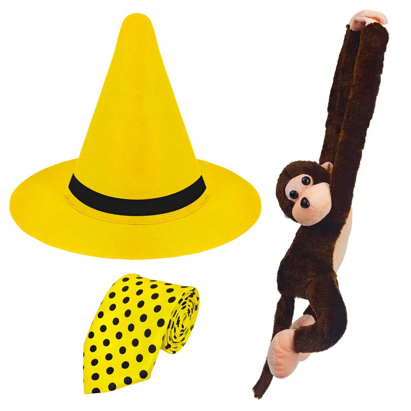 Ueyben Man in the Yellow Hat Costume, Yellow Hat with Polka Dot Tie Stuffed Monkey for Men Women for Halloween Cosplay Dress Up - Image 1