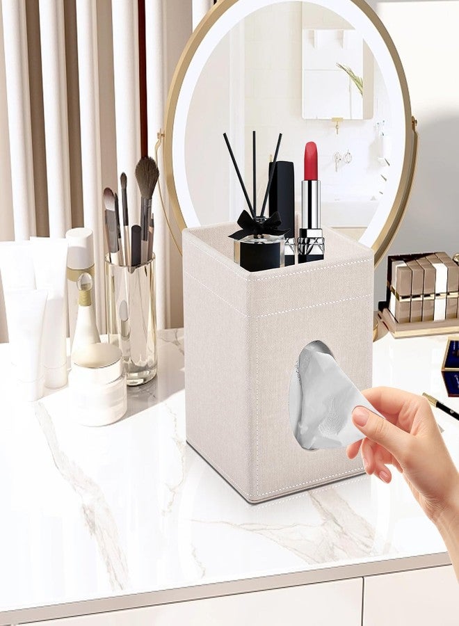 XNONE Tissue Box Cover with Storage Tray Square Tissue Box Holder PU Leather Facial Tissues Organizer Tray for Bathroom Vanity Bedroom Office Car,Stylish Napkin Caddy Decorative Organizer,Beige - Image 4