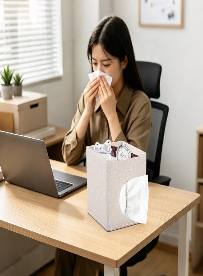 XNONE Tissue Box Cover with Storage Tray Square Tissue Box Holder PU Leather Facial Tissues Organizer Tray for Bathroom Vanity Bedroom Office Car,Stylish Napkin Caddy Decorative Organizer,Beige - Image 2