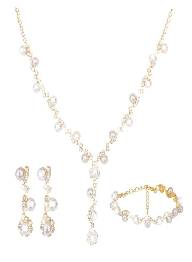 CAVETEE Gold Elegant Wedding Necklace Earrings Bracelet Crystal Bridal Jewelry Set, White Pearl Bridal Jewelry Set for Women - Image 1
