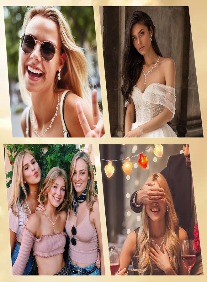 CAVETEE Gold Elegant Wedding Necklace Earrings Bracelet Crystal Bridal Jewelry Set, White Pearl Bridal Jewelry Set for Women - Image 5