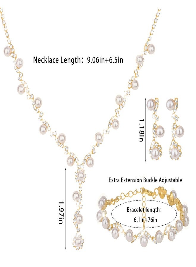 CAVETEE Gold Elegant Wedding Necklace Earrings Bracelet Crystal Bridal Jewelry Set, White Pearl Bridal Jewelry Set for Women - Image 3