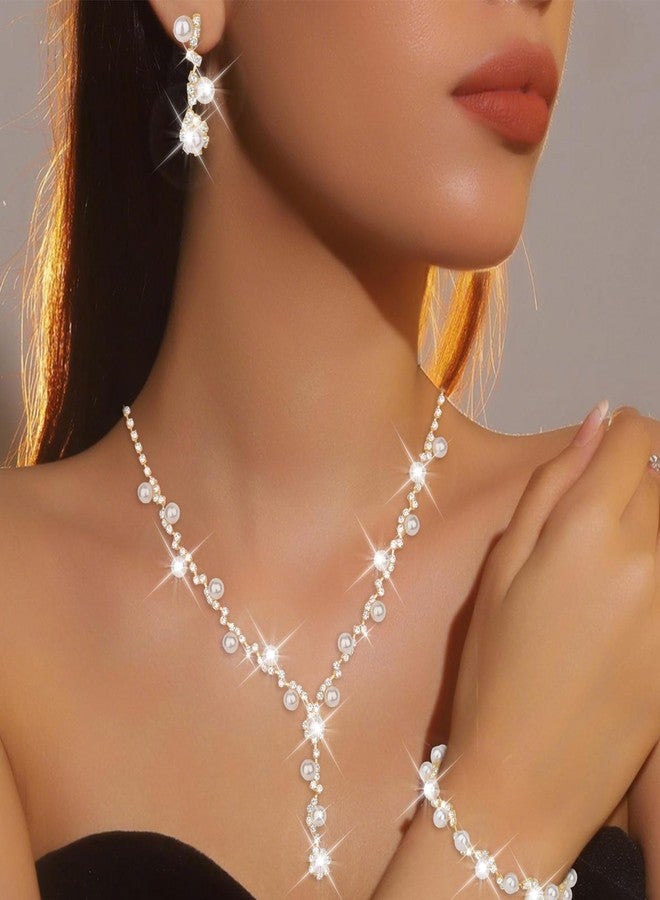 CAVETEE Gold Elegant Wedding Necklace Earrings Bracelet Crystal Bridal Jewelry Set, White Pearl Bridal Jewelry Set for Women - Image 2