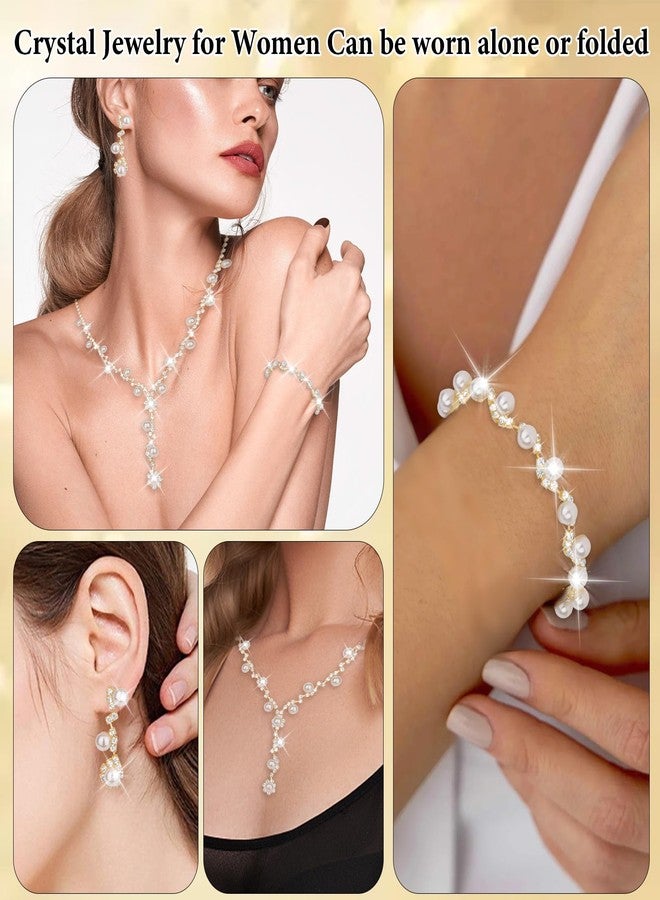 CAVETEE Gold Elegant Wedding Necklace Earrings Bracelet Crystal Bridal Jewelry Set, White Pearl Bridal Jewelry Set for Women - Image 4