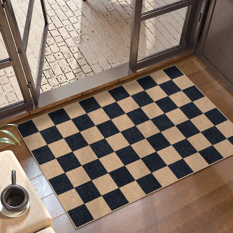 Lahome Checkered Easy Jute 2x3 Rug Small Entryway Rug Non Slip Kitchen Front Door Mat Farmhouse Neutral Area Rug Non Shedding Low Pile Floor Carpet for Foyer Porch Doorway