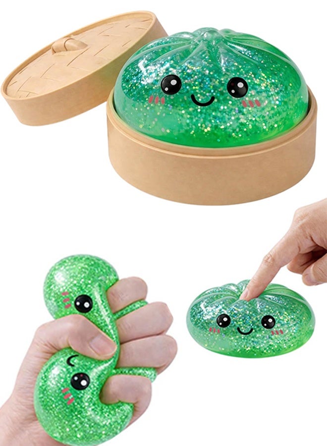 Green Glitter Dumpling Squishy Fidget Toy, Stress Relief Squeeze Sensory Toy - Image 1