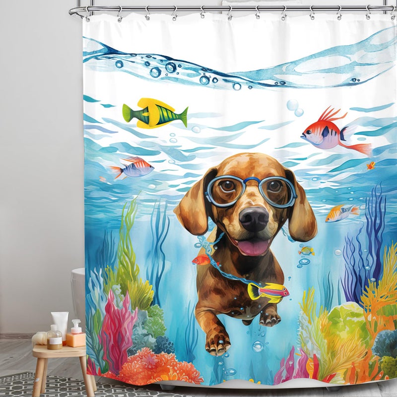 LGhtyro Kids Funny Dog Shower Curtain Bathroom Set 60Wx71H Inches Sea Ocean Hilarious Swimming Cute Animal Underwater Fish Coral Plant Nautical Bath Accessories Boy Art Home Decor Fabric 12 Pack Hooks - Image 2