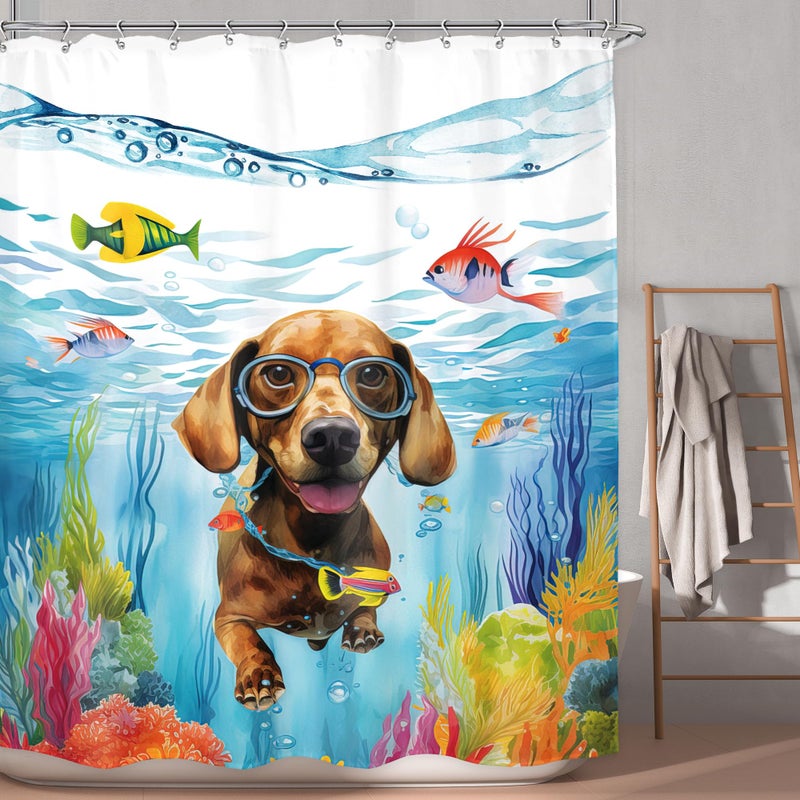 LGhtyro Kids Funny Dog Shower Curtain Bathroom Set 60Wx71H Inches Sea Ocean Hilarious Swimming Cute Animal Underwater Fish Coral Plant Nautical Bath Accessories Boy Art Home Decor Fabric 12 Pack Hooks - Image 1